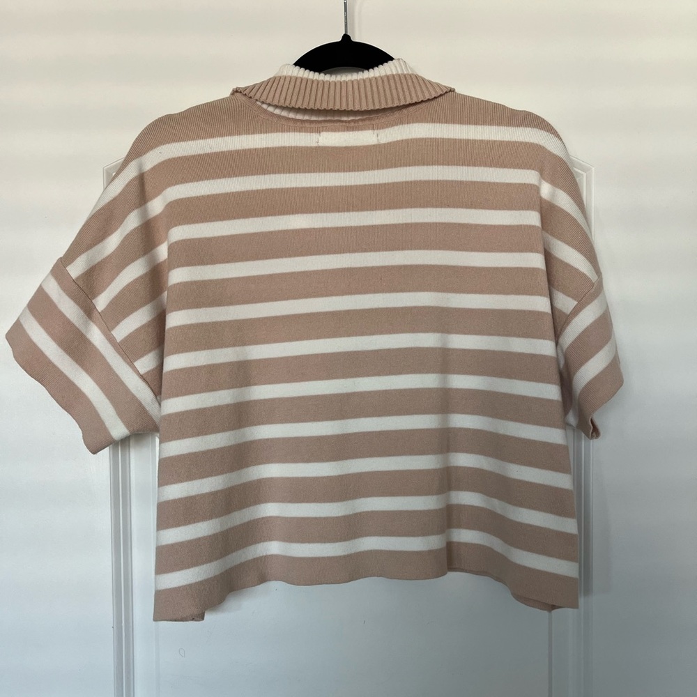 Anthropologie Beige and White Striped Short-Sleeve Polo Sweater - Picture 3 of 5